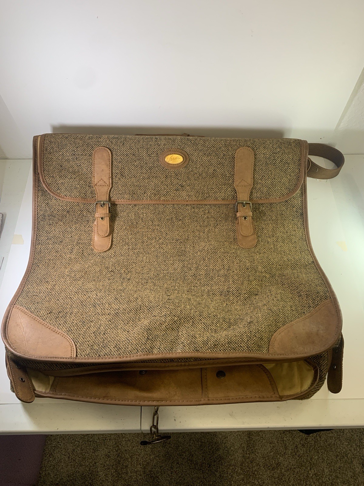 Vintage Verdi Garment Bag Tweed Material & Leather