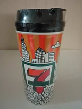 7-11 City Skyline Tumbler 16oz BPA Free TRAVEL Flip-top Mug Whirley Warren