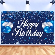 Happy Birthday Backdrop Banner, Blue and Silver Birthdays Banner Backdrop, Ha...