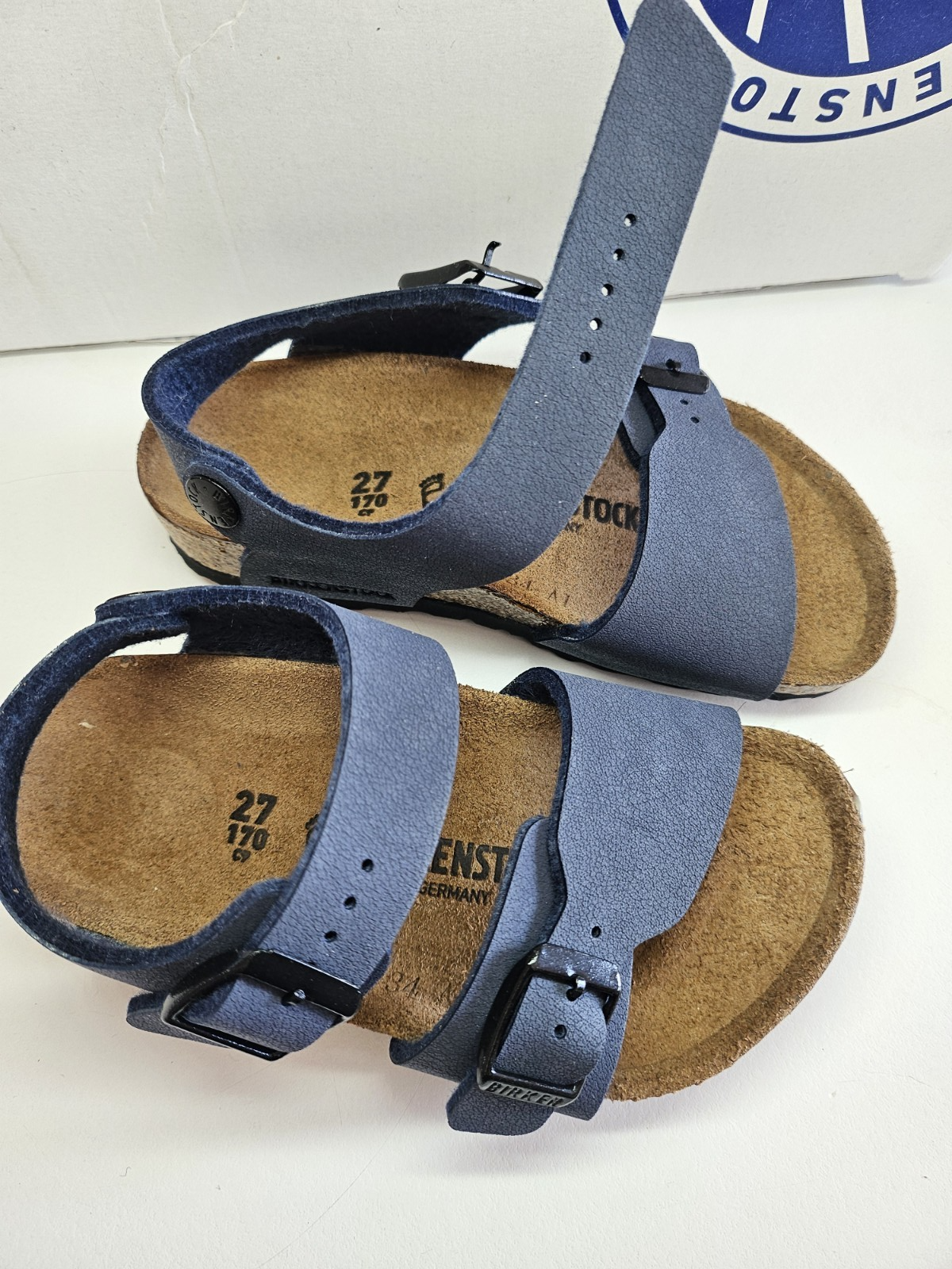 SAOLA Sandali BIRKENSTOCK blu navy suola in pelle taglia UK 9 EU 27 2 fibbie
