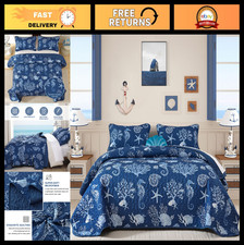 King Size Coastal Quilt Set 3 Pcs - Reversible Summer Blue Beach Bedding, Nautic