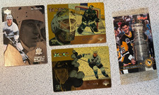 four 4 hockey cards; Lac Robilaille, Ed Belfour, Paul Kariya, Mario Lemieux