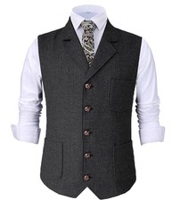 Mens Retro Suit Vest Tweed Wool Regular Fit Dress Waistcoat XX-Large Black