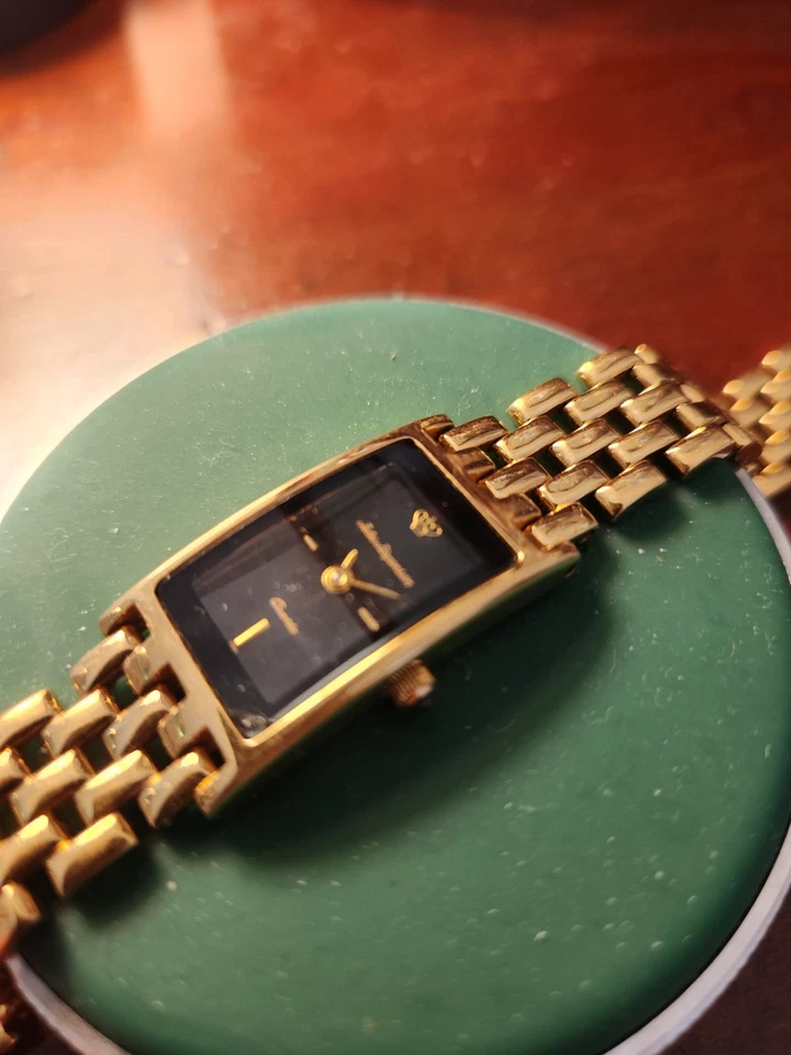 Reloj Pulsera Jules Jurgensen Mujer Vintage Cuarzo Esfera Negra Banda Dorada Foto 3 de 4