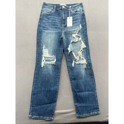 Risen Los Angeles Jeans Womens 31  High Rise Slim Straight Distressed Dark Wash