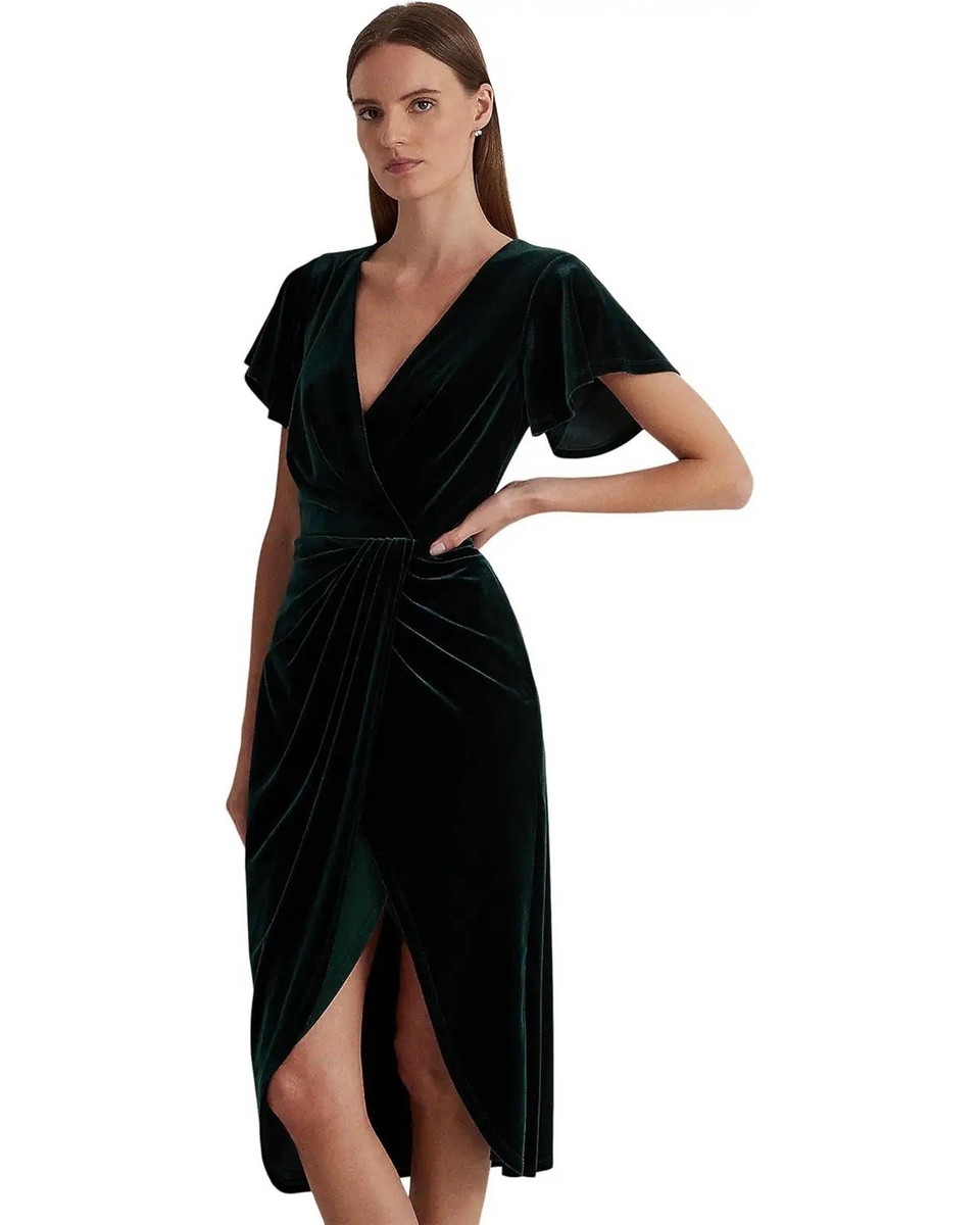 Lauren Ralph Lauren green Velvet Flutter-Sleeve Cocktail Dress Sz 12 NWT