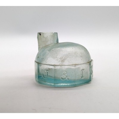 Antique J&IEM Aqua Glass Igloo Inkwell Moores Excelsior School Writing Warren MA