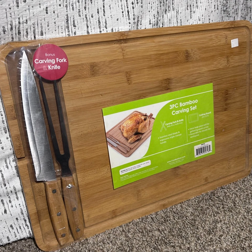 ¡Solo agrega el pavo! Lg. Tabla de tallar bambú 20x14" + utensilios de talla Foto 3 de 4