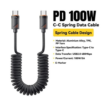 100W 6A Coiled USB-C to Type C Car Charger Cable Spring Braided Fast Charge PD