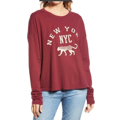 Treasure & Bond Women's Long Sleeve Graphic Tee In Burgundy NYC XSmall MSRP $35