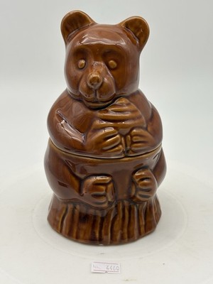 Brown Vintage Ceramic Honey Bear Sitting On Log Clutching Bee Hive Lidded Pot
