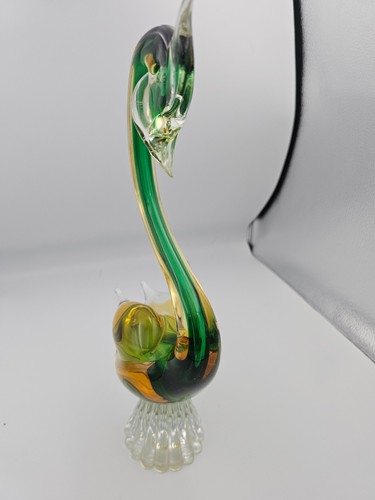 Handcrafted Art Glass Swan Figurine in Green and Amber