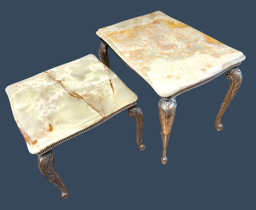 Vintage Italian Onyx Marble Nest Of 2 Tables Cast Metal Gilt Side Lamp Tables image 5