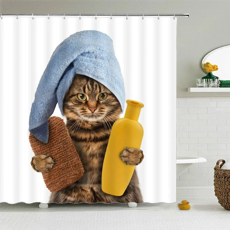 Tenda da doccia con gatti divertenti, tende da bagno in tessuto con decorazioni a forma di onda dell'oceano giapponese con dinosauro gatto, tenda da bagno in legno rustica for bambini ( Color