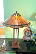Tiffany Style Mission Stained Glass Table Lamp 20  Round Vintage Metal Base
