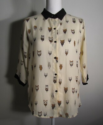 My Queen Semi Sheer Owl Patterned Button Up 3/4 Sleeve Blouse Top Size Medium