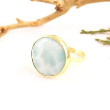 Beautiful Blue Larimar Ring Gold Plated Collet Set Statement Adjustable Ring
