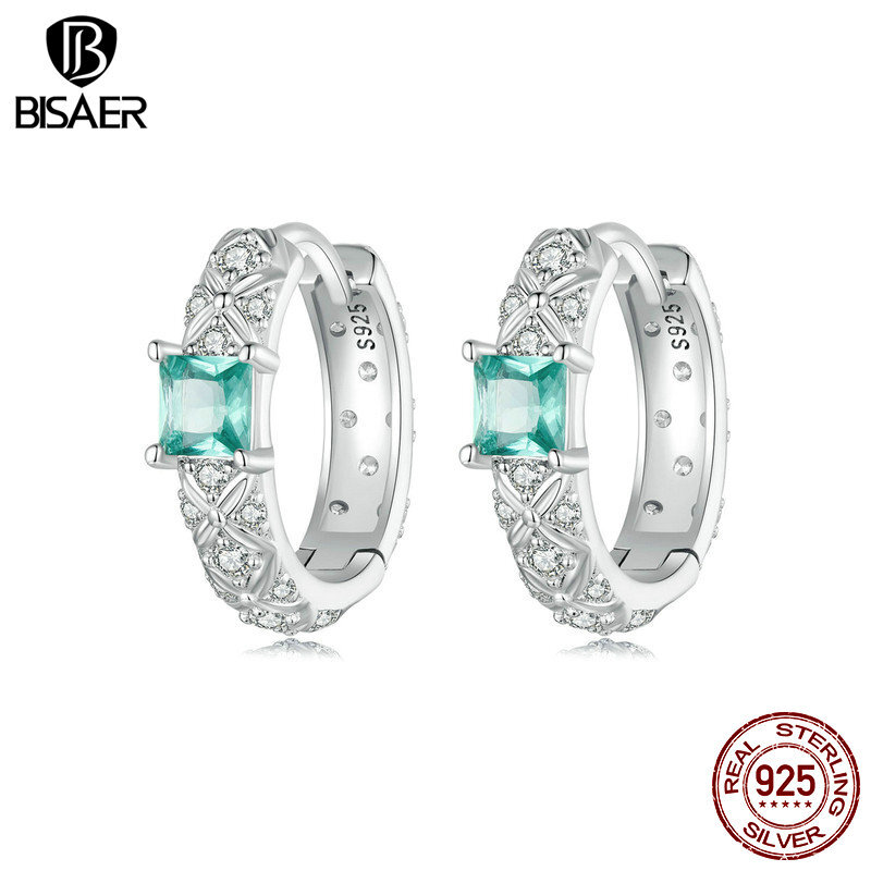Bisaer Elegant 925 Sterling Silver Green Buckles Earrings Jewelry Women Gifts