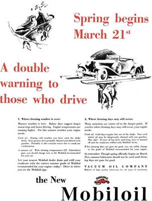 Mobiloil c1929 - Mobiloil Ad - Spring begins March 21st - A double warning to th