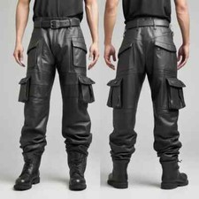 Men's Genuine Lambskin Leather Black Pants Cargo Style Trouser Biker Rider