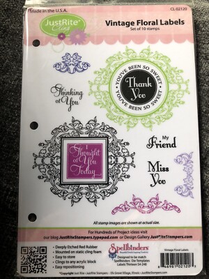 Spellbinders Just Rite Cling montierte Gummistempel Vintage Blumen Etiketten