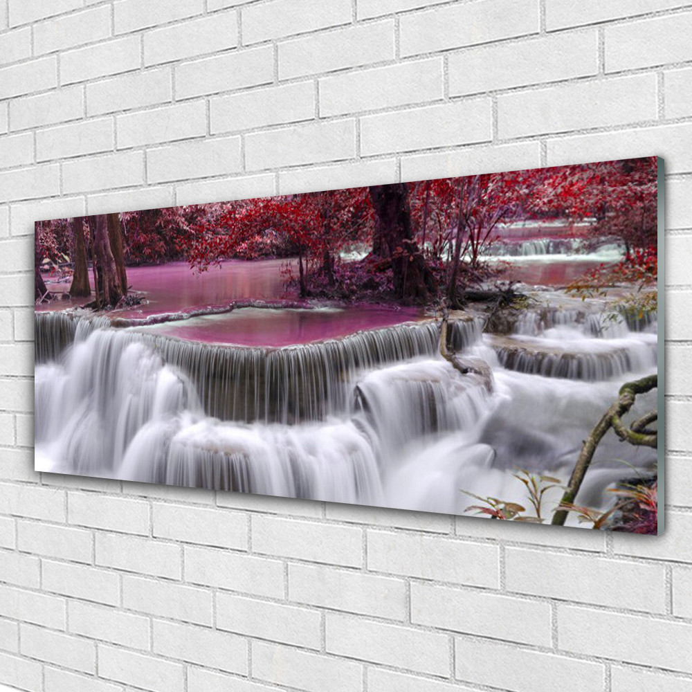 Image de tableau nature en verre de 125x50 cm paysage de forêt avec cascade