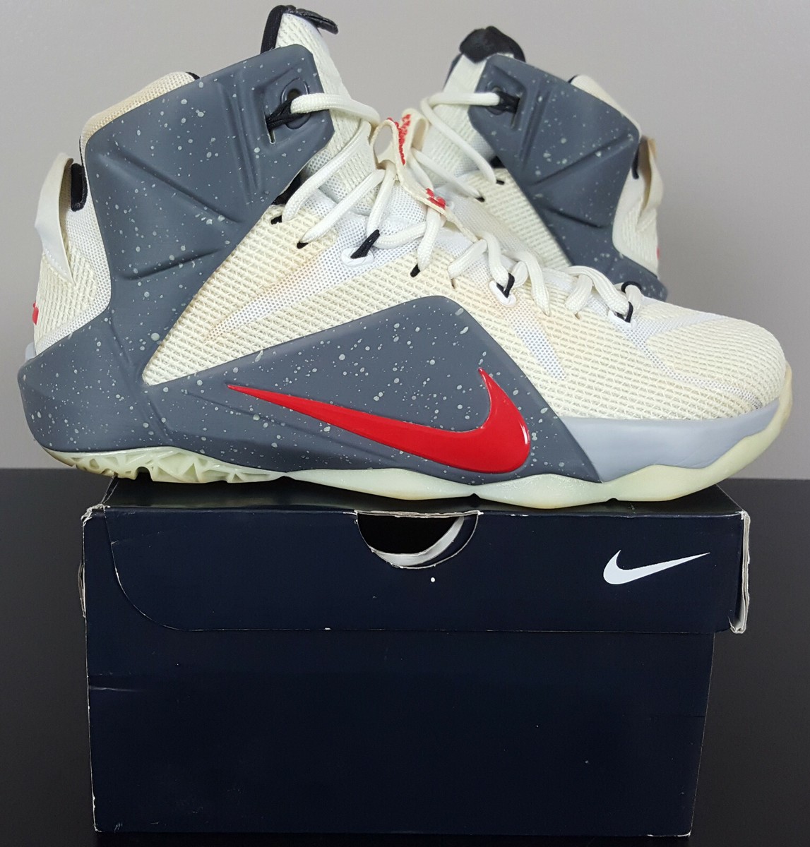 NIKE LEBRON XII 12 NIKE ID BASKETBALL SHOES CREAM GREY RED 728709