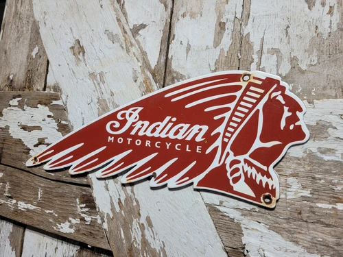 VINTAGE INDIAN PORCELAIN SIGN MOTORCYCLE DIECUT BIKE SALES SERVICE DEALER GARAGE