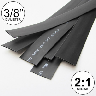 3/8'' ID Black Heat Shrink Tube 2:1 ratio wrap (6x9'' = 4 ft) inch/feet/to 10mm