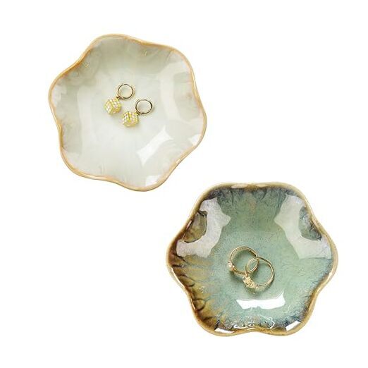 2PCS Ring Holder Dish, Small Key Bowl, Ceramic Light Green+Crystal Green