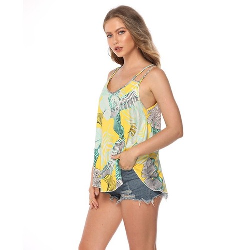 Women Ladies Sleeveless Leaves Print T-shirts Summer Casual Blouse Shirts Tops - Picture 5 of 30