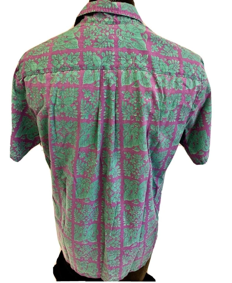 Camisa de Surfista Hawaiana Estampado Inverso Floral Verde Pull Over Kalani Púrpura Años 80 De Colección Foto 3 de 4