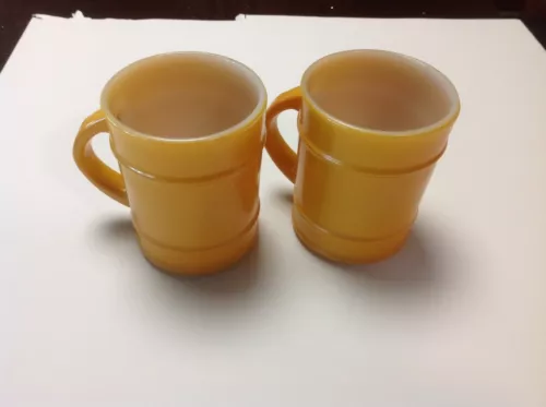 Vintage Anchor Hocking Oven Proof Yellow Ranger Barrel Coffee Mug Cup Set Of 2