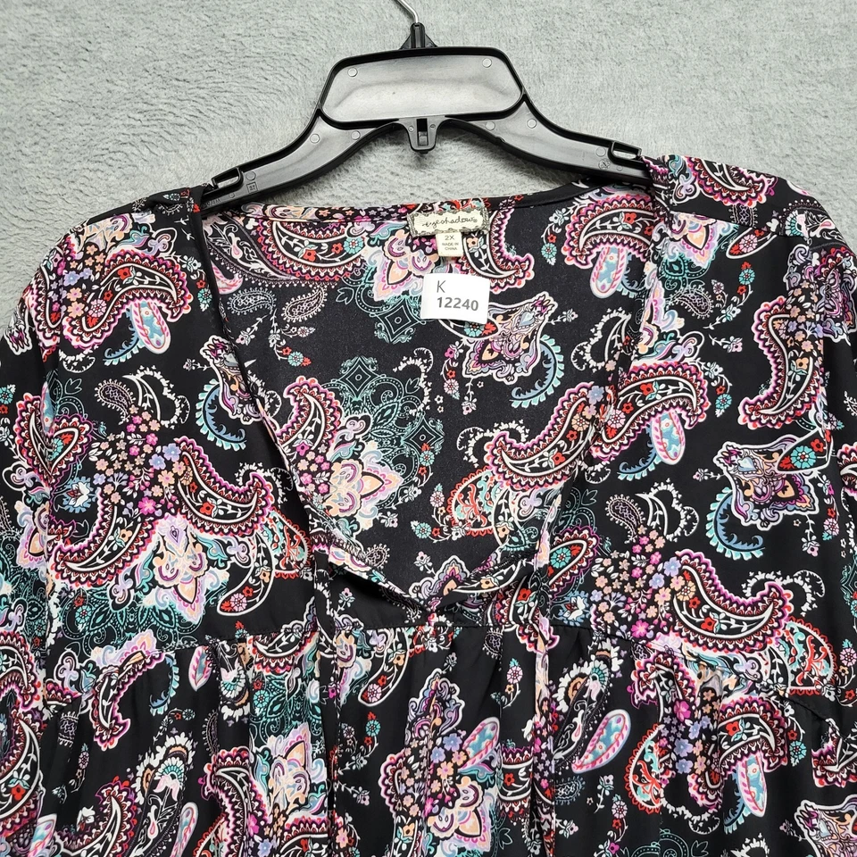 Top de sombra de ojos para mujer 2X púrpura cachemira negro cuello dividido manga acampanada Foto 2 de 4