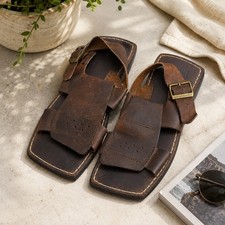 Diesel Brown Y2K Distress Leather Buckle Sandals Mens Square Toe Slides