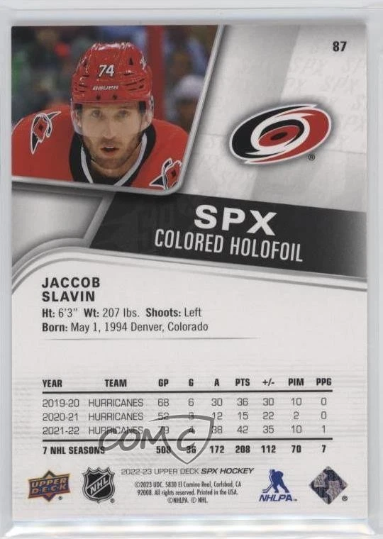 2022-23 SPx Colored Holofoil /149 Jaccob Slavin #87 - Image 2 of 2