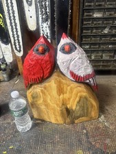 Chainsaw Carved Cardinal Couple Birds Sculpture White Pine Wood 16” Tall