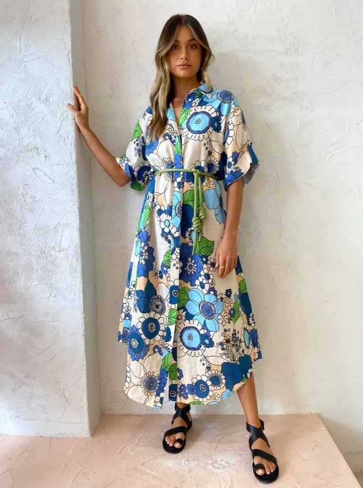 Alemais Farrah Blue Linen Shirt Dress RARE - Size 8