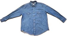 WRANGLER Western Pearl Snap Denim Shirt Men's XL Dark Blue Jean Raw Hem Vintage