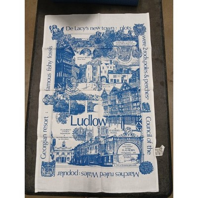 Vintage Plas Robin Ludlow Shropshire Tea Towel Hand Printed Wales Blue White Map