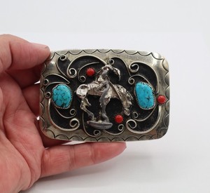 SW Navajo Style Belt Buckle Silvertone End Trail Horse Rider  3.5" L Unisex LZJ2
