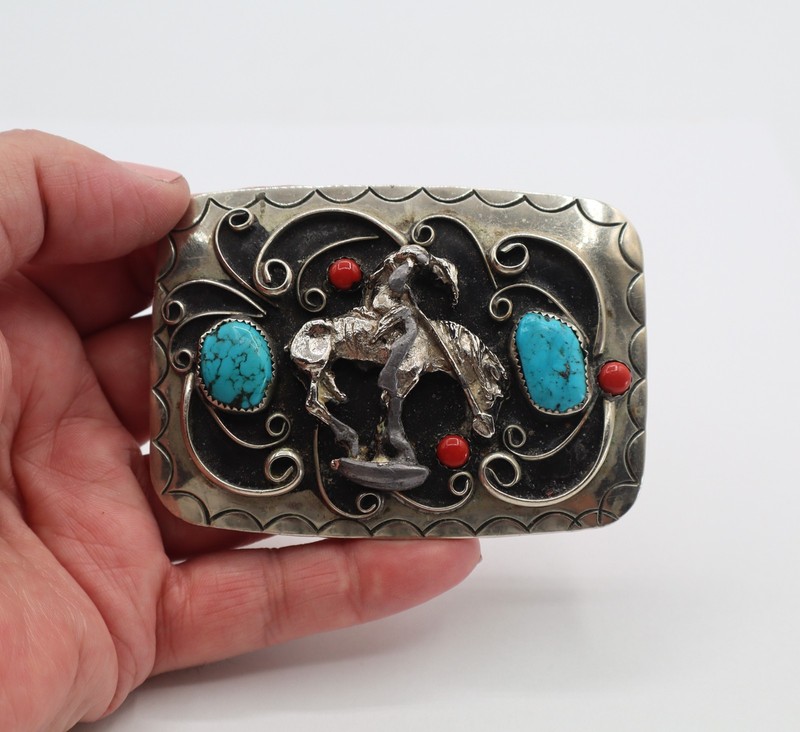 SW Navajo Style Belt Buckle Silvertone End Trail Horse Rider  3.5" L Unisex LZJ2