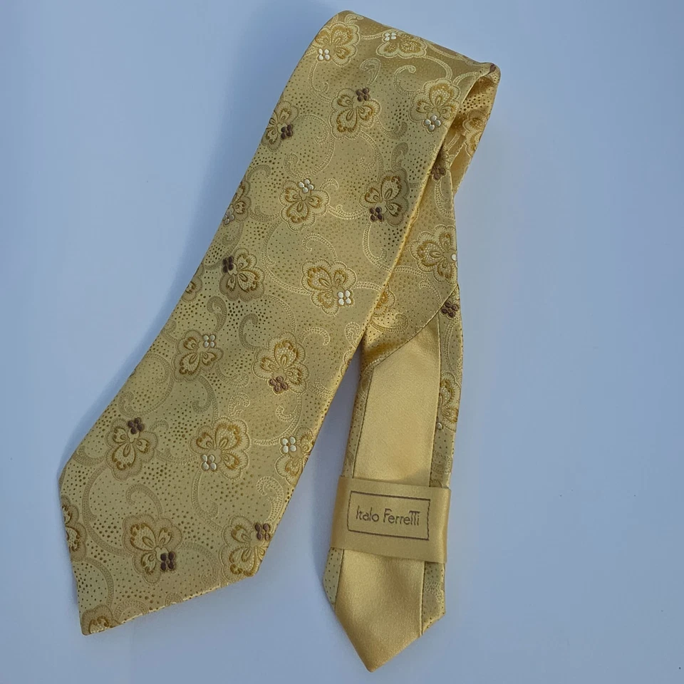 Corbata de seda Italo Ferretti Silvi Marina dorada cachemira hecha a mano Italia vintage años 2000 Foto 2 de 4