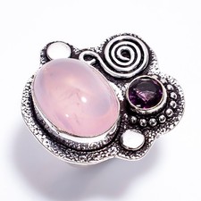 Natural Rose Quartz Amethyst Gemstone 925 Sterling Silver Handmade Ring 6.75 US