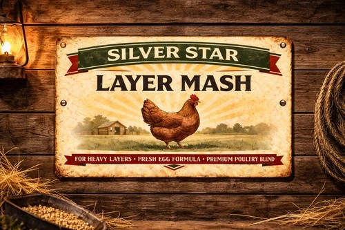 Vintage Looking Farm Silver Star Layer Mash Metal Sign 8x12 Rustic Chicken Feed
