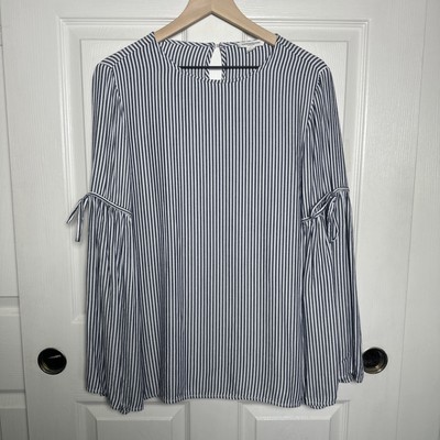 Beach Lunch Lounge Women's Medium Top Cornflower Blue White Stripe Bell Sleeve