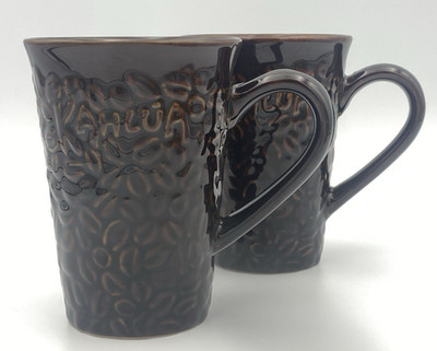 Kahlua Coffee Cup Mug Set of 2 Brown Embossed Raised Lettering Coffee Bean 12oz
