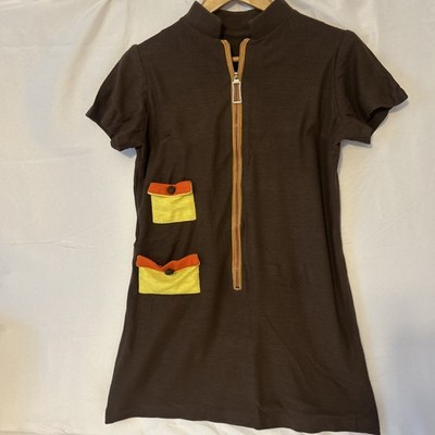 Vintage 1960/70 s Brown Mini Dress Diner Waitress Mod Style Uniform Size-S/M