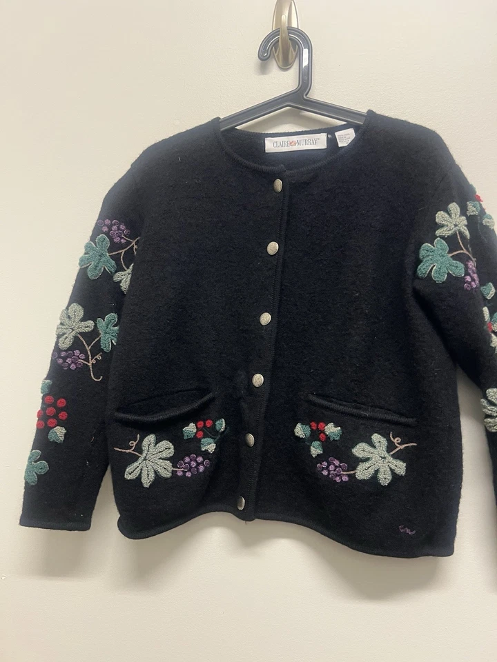 Cárdigan Suéter Vintage Negro Mujer 3G Floral Bordado Granny Core Talla M Foto 3 de 4