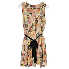 Sweet Sinammon Novelty Print Flowy Quirky Artisy Dress Belted